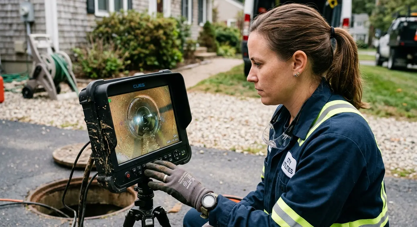 Technician reviewing sewer camera inspection footage in Durham