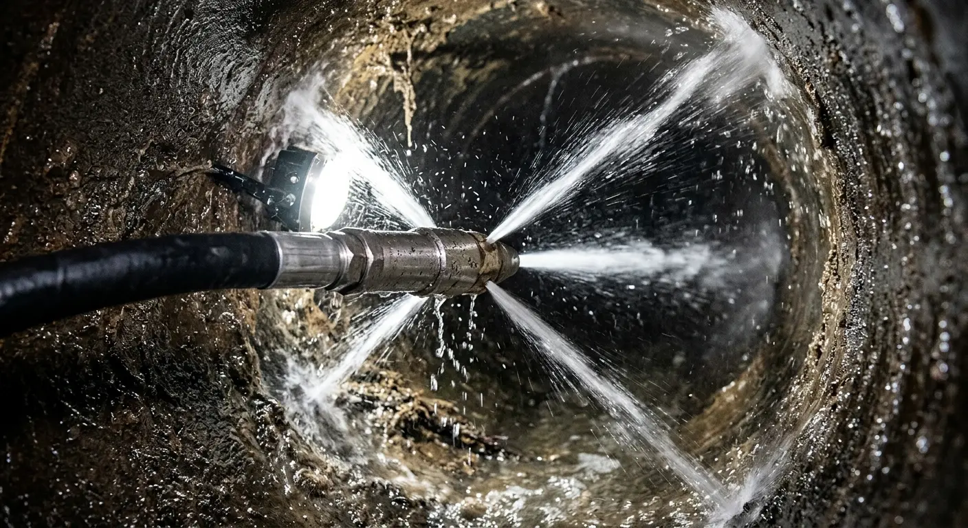 High-pressure hydro jetting nozzle cleaning sewer pipe for Trenchless Sewer Repair in Durham