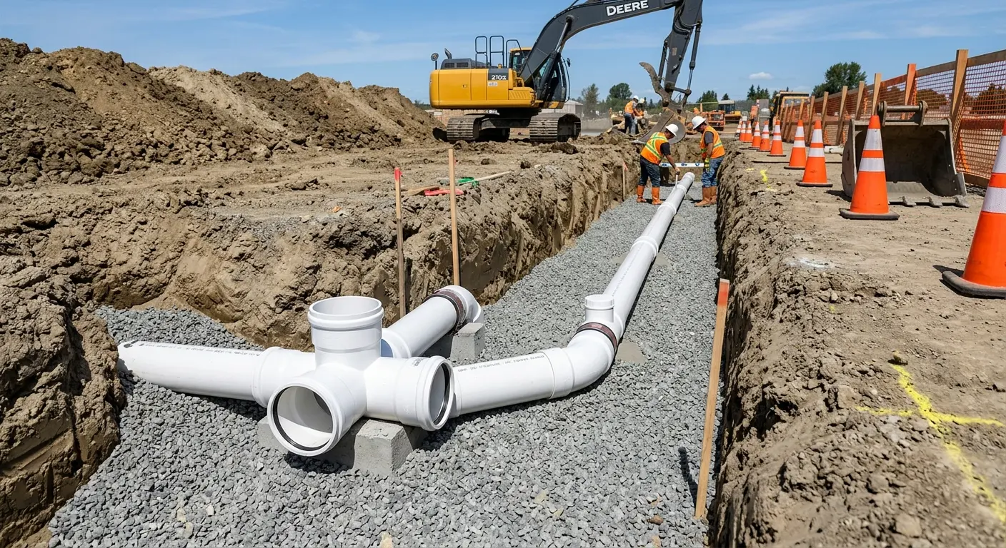 New PVC sewer pipe installation in open trench for Sewer Backup in Durham