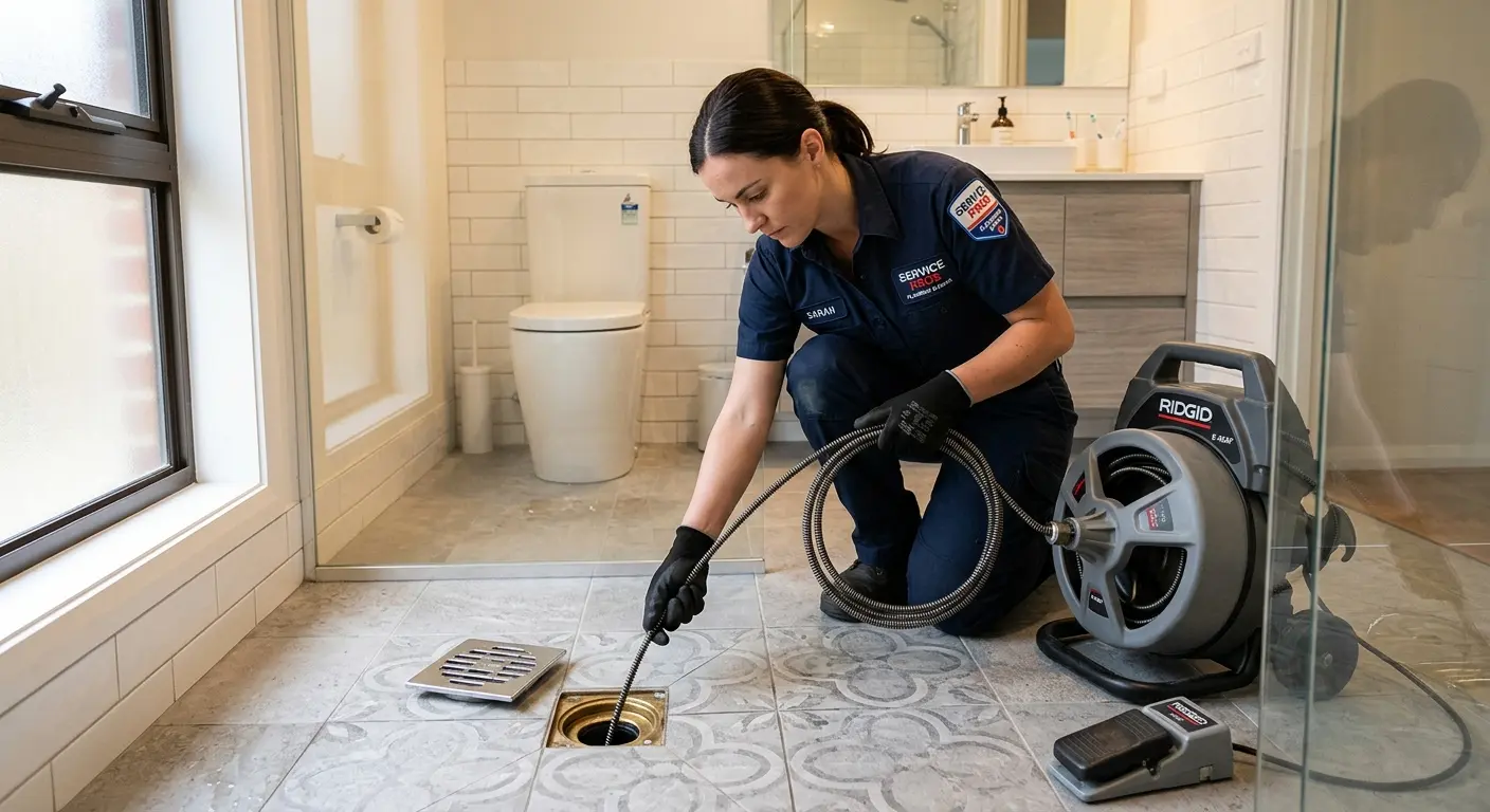 Technician clearing a bathroom floor drain for Drain Repair in Durham